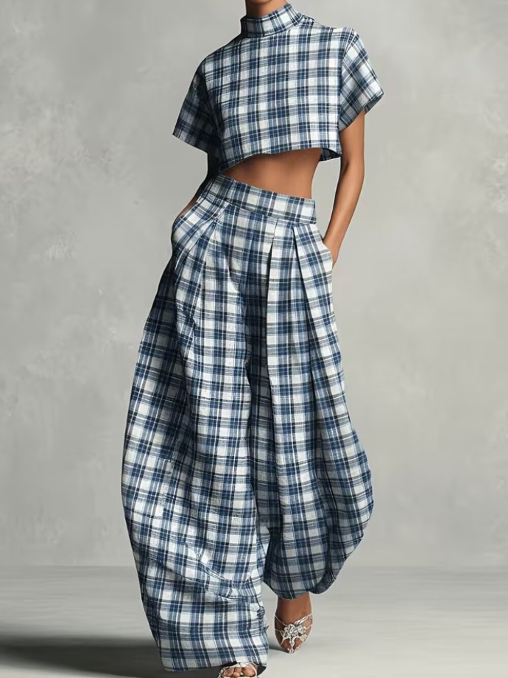 Blue & White Plaid Short Top + Wide Leg Pants Set (temporarily unavailable)